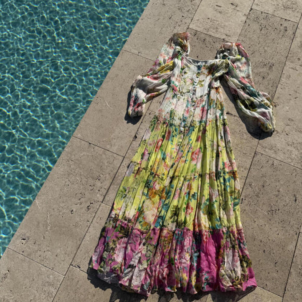 Hemant & Nandita Tricolor Floral Maxi Vacation Dress - S